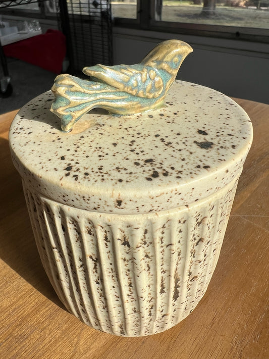 Hand-carved lidded bird jar in winterwood