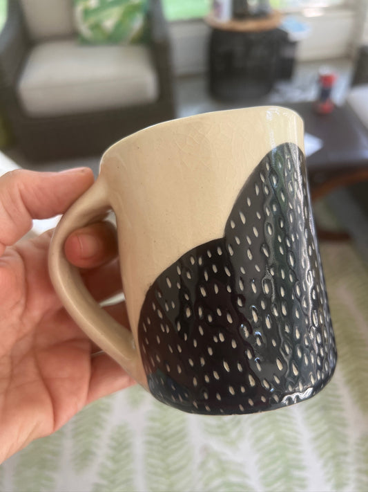 Hand painted, hand carved modern mug in black and white