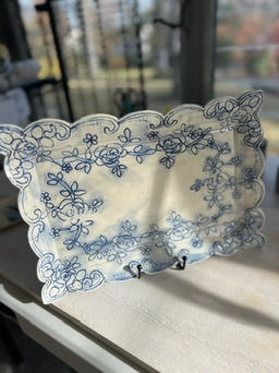 Large lace serving platter in vintage indigo