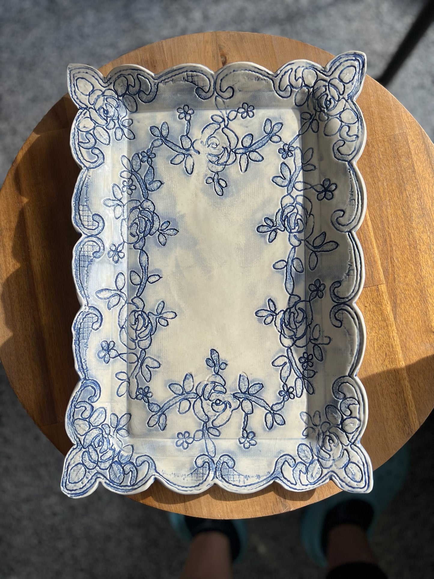 Large lace serving platter in vintage indigo