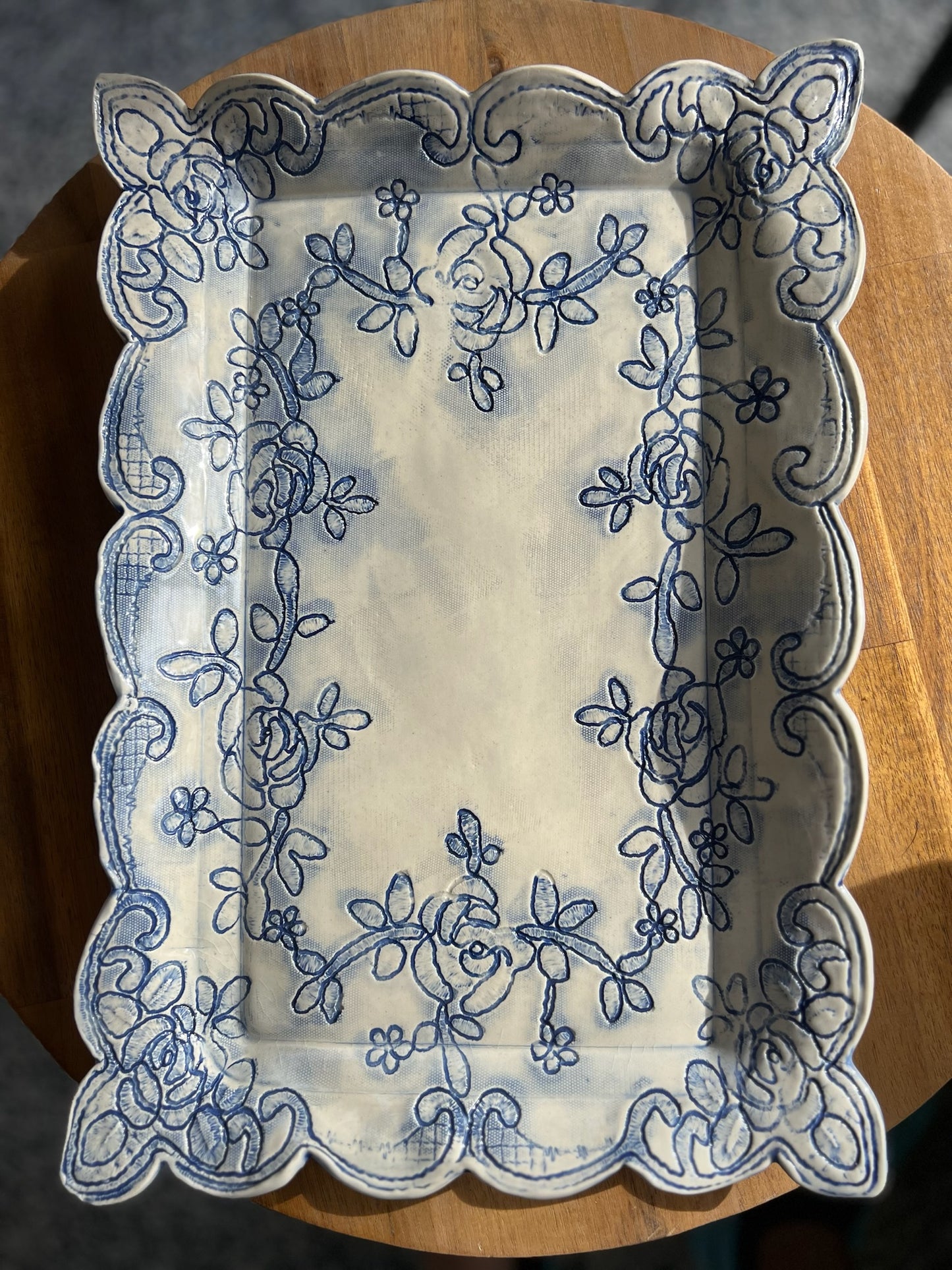 Large lace serving platter in vintage indigo